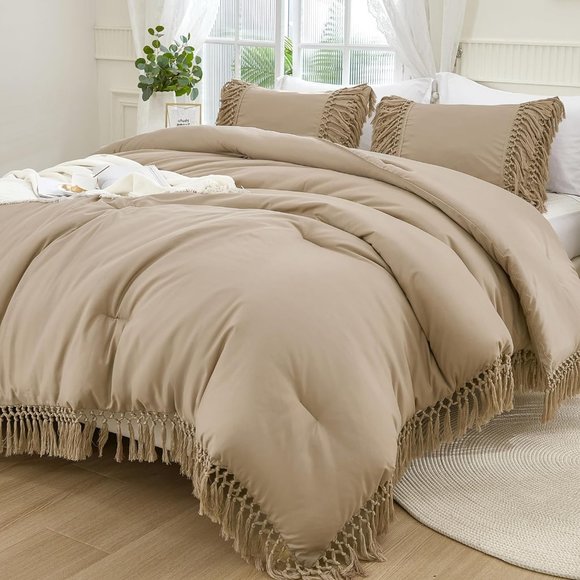 Tan Boho Tassels California King Size Bed Comforter Shams Bohemian Bedding Set - Picture 1 of 14